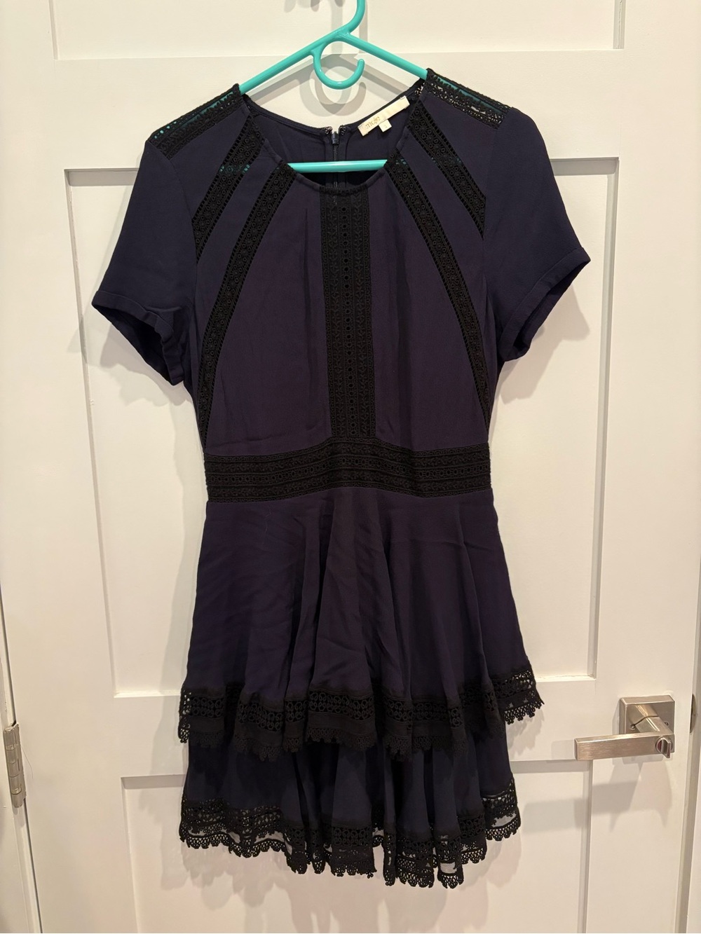 Maje Raglia Navy Short Sleeve Lace Trim Dress